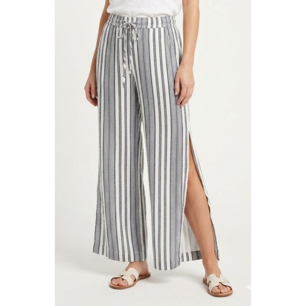 Bella Dahl Side Slit Wide Leg Pants Size S Stripe Linen Blend Rayon 30x30 EUC